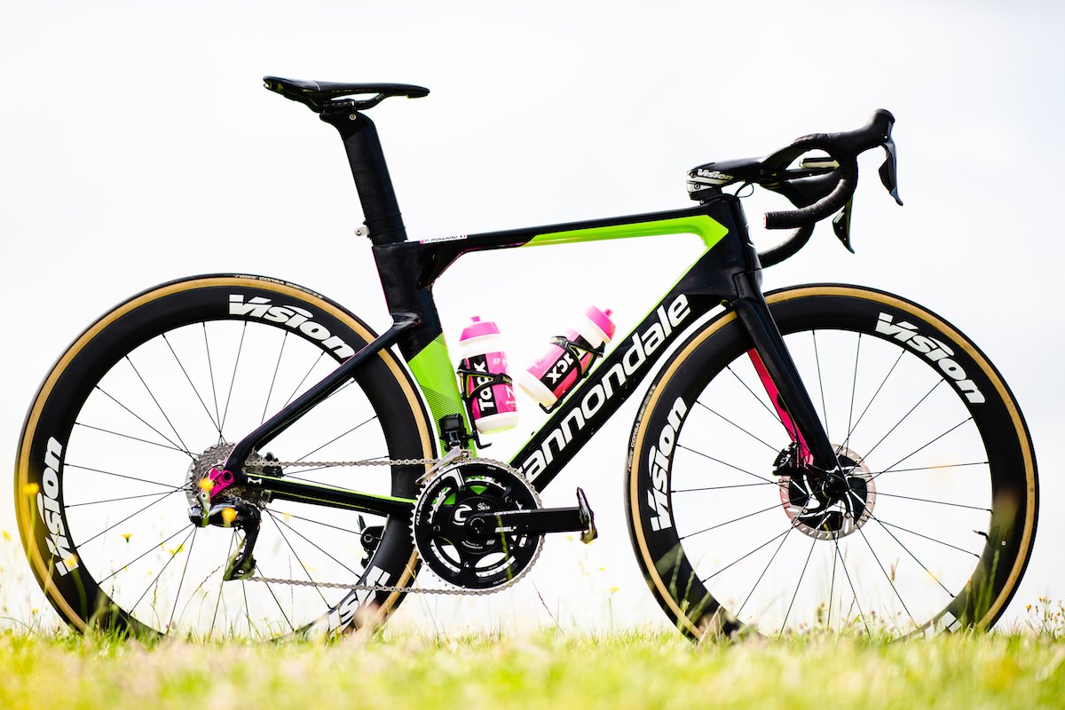 EFprocycling's tweet photo. The newly launched @RideCannondale SystemSix makes it @LeTour debut in FORTY MINUTES. How good are the @EF pink accents in our new colorway?!?!! #speedofsix #fastereverywhere https://t.co/mPVls44iXI