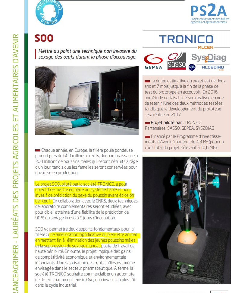 autrement_votre's tweet photo. @vegan_as @poulehouse @CarrefourFrance @Tronico_Corp @PaulineCouvent Le projet SOO, piloté par la société #TRONICO, a pour
objectif de mettre en place un système fiable et non
invasif de prédiction du sexe du poussin 🐣avant éclosion
de l’œuf. https://t.co/gQqfuLoDG8
