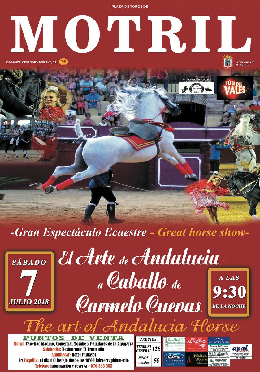 vientobravosl's tweet photo. A partir de las 9'30 de la noche de este sábado, puedes presenciar el magnífico espectáculo ecuestre: 'El Arte de Andalucía a Caballo', de Carmelo Cuevas.
En la Plaza de Toros de Motril.
Buenos días. https://t.co/QfMw1kIX7f