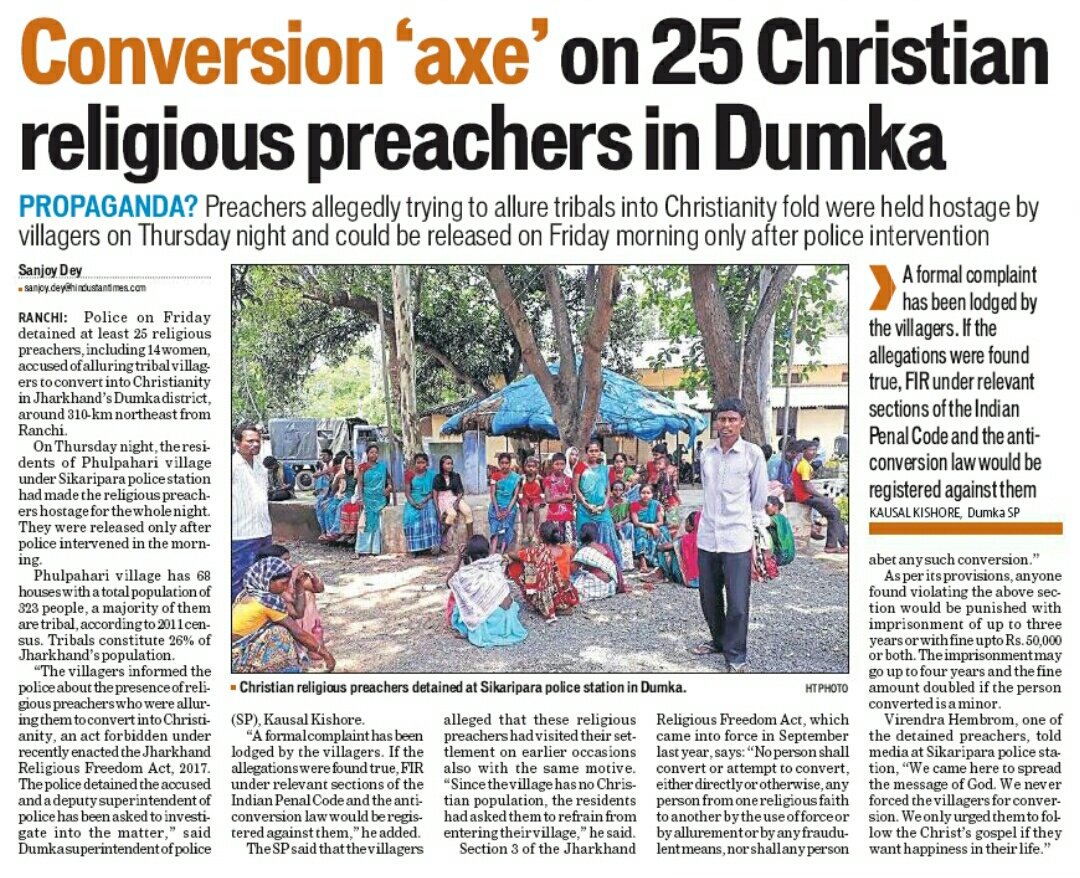 25 Christian preachers detained by Dumka Police after villagers held them hostage overnight on charges of  #Conversion Villagers have lodged written complaint, DSP probing matter  @noconversion  @abhijitmajumder  @UnSubtleDesi  @postcard_news  @hindupost  @agg_garima  @MakrandParanspe