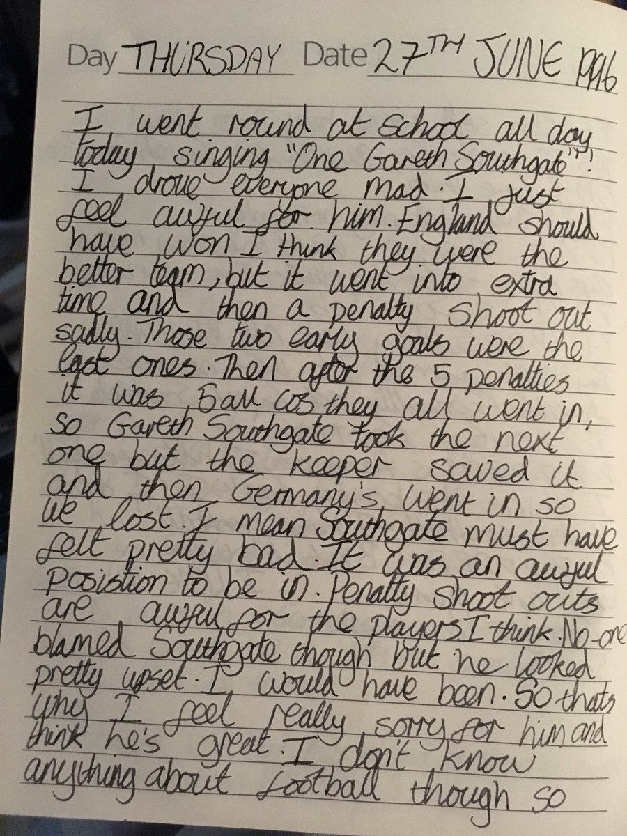 okayjane's tweet image. Here I am in 1996 writing earnestly in my diary about Gareth Southgate’s missed penalty.

👌🏻👌🏻 match analysis. 

#ENGSWE