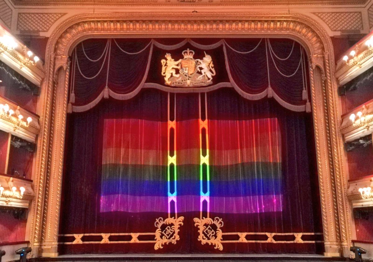 rbo_org's tweet photo. What better way to celebrate #PrideLondon and all of our LGBT+ artists, staff and audience members than with a giant flag projected onto our famous curtain? 🏳️‍🌈 https://t.co/glbNJ8KRv1