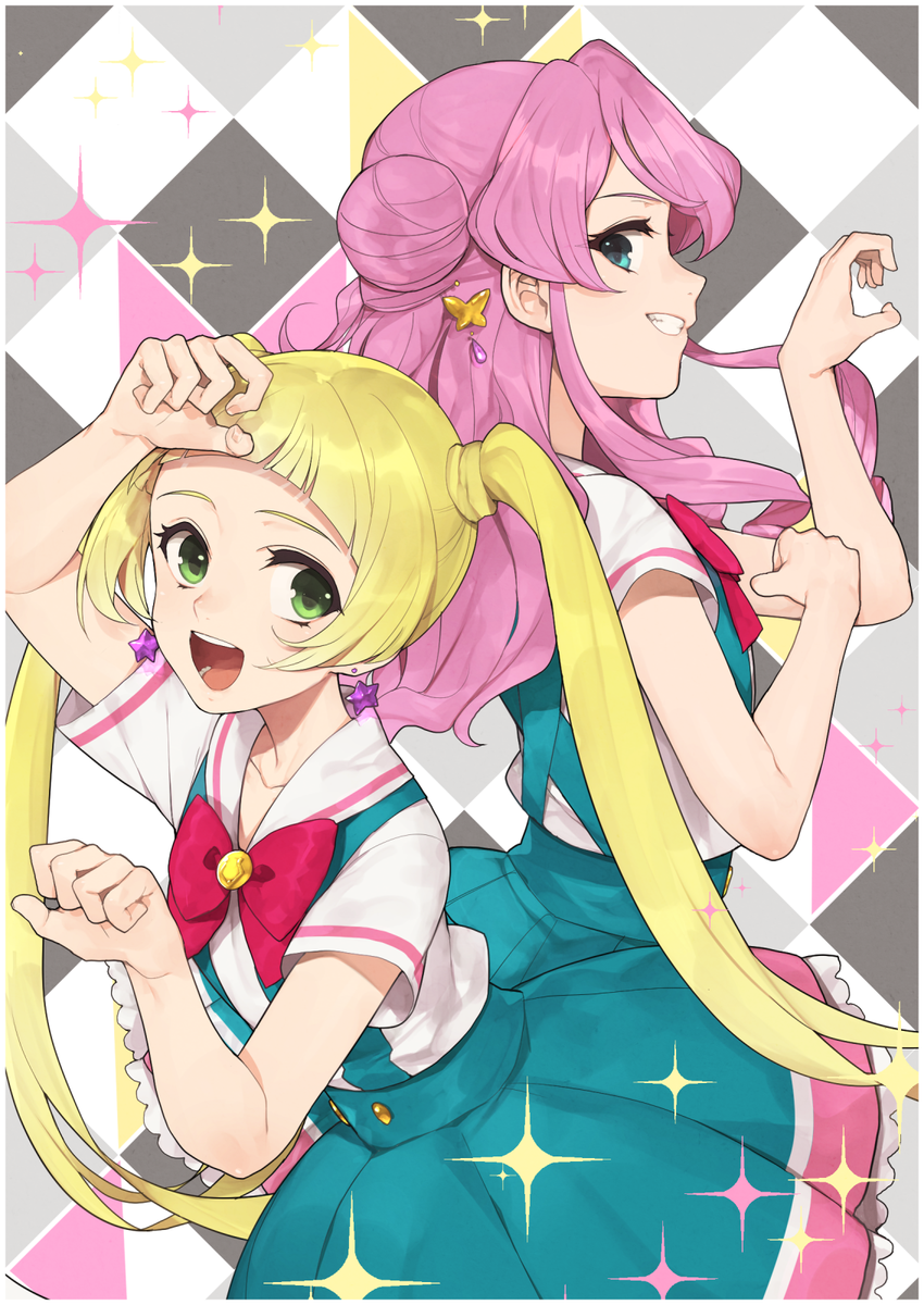 multiple girls 2girls pink hair smile hair bun twintails green eyes  illustration images