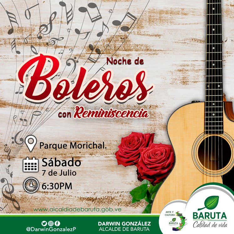 Hoy #Sabado #7Junio estará presente en el Parque Morichal las "Noches de Boleros" con Reminiscencia a partir de las 6:30pm 
¡Te esperamos! Ven y comparte un rato diferente. 
Arte y Cultura también es gestión. 
#CalidadDeVida