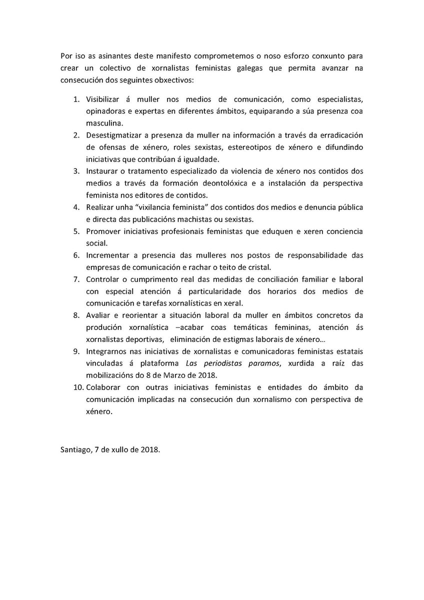 Mulleres profesionais de todos os ámbitos da comunicación coincidimos na necesidade de articular un colectivo profesional feminista que impulse a produción dun xornalismo con perspectiva de xénero externa e interna. Aquí tedes o noso manifesto.  Comezamos! #XornalistasGalegas