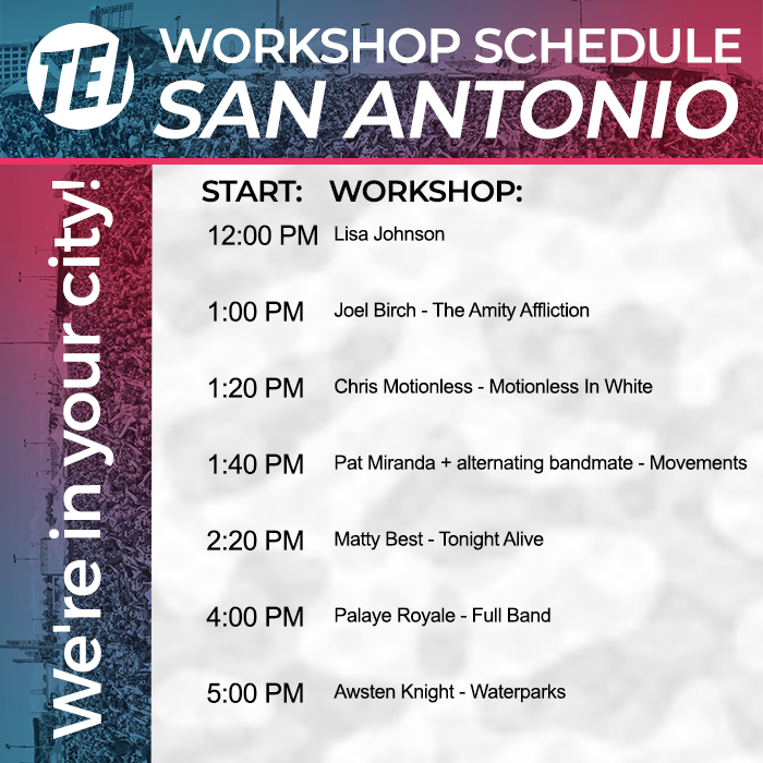 thinktei's tweet photo. SAN ANTONIO it's your turn! 
Today our TEI tent is near Real Friends by the Journeys Left Foot Stage.
Check in for your workshop 10 minutes before the start time at the blue TEI flags by the Journeys Right Foot Stage. 
#warpedtour #thinktei #easchoolofmusic https://t.co/R8oDNcJgjv