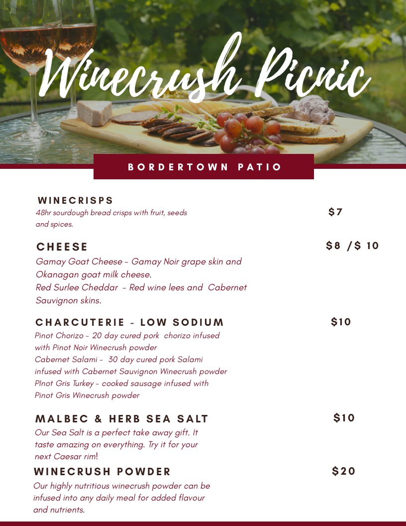 We are so excited about @BordertownWine new Winecrush Picnic Patio Menu!  Enjoy a glass of wine 🍷 on our patio, take in the view of the vineyards. A glorious way to spend the afternoon with family and friends!