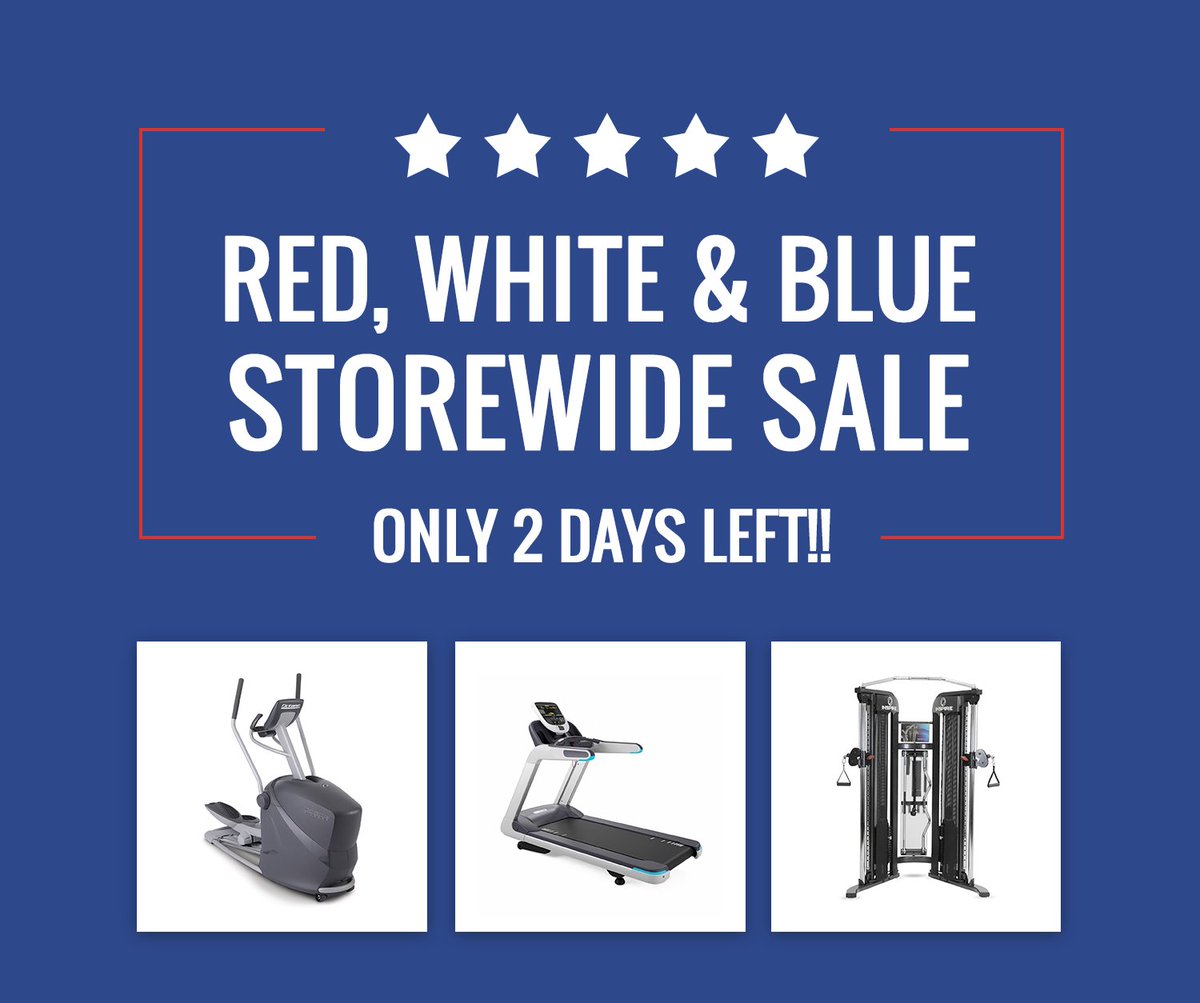 Busybodytx's tweet photo. Only 2 days left on our storewide July 4th sale! Stop in now until the end of the day tomorrow for HUGE savings on treadmills, ellipticals, home gyms, exercise bikes, rowers, and more! #storewidesale #redwhitebluesale #dallasfitness https://t.co/MhRfkwwxiU