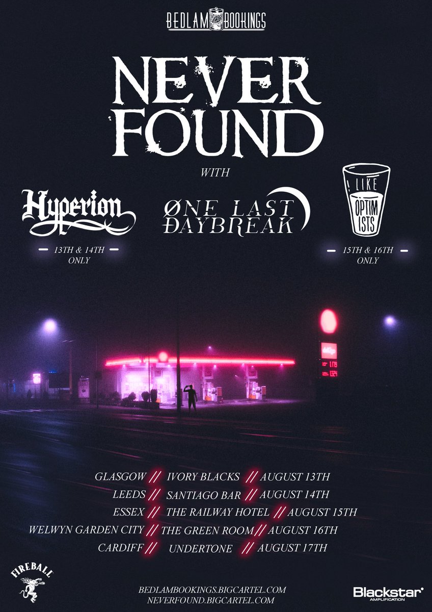 Thanks to <a href="/BedlamBookings/">Bedlam Bookings</a> we are heading out on the road again! This time with <a href="/OneLastDaybreak/">One Last Daybreak</a> , <a href="/hyperionband/">Hyperión</a> and <a href="/LikeOptimists/">Like Optimists</a> 
We can’t wait to see you all!
Get your tickets here: neverfound.bigcartel.com