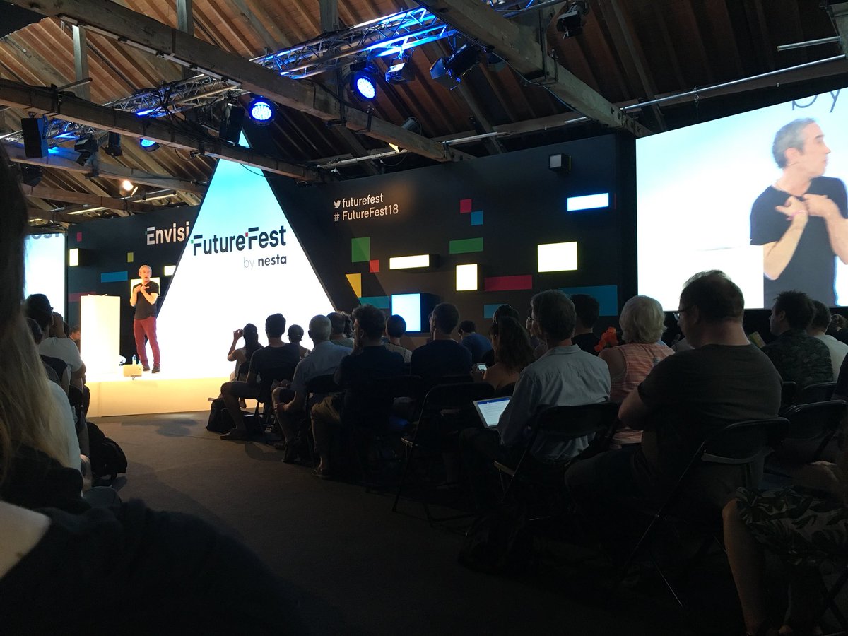 ‘We’ve been trained to see humanity as the problem and technology as the solution. Humanity is the solution’ - <a href="/rushkoff/">douglas rushkoff</a> #FutureFest18 #teamhuman