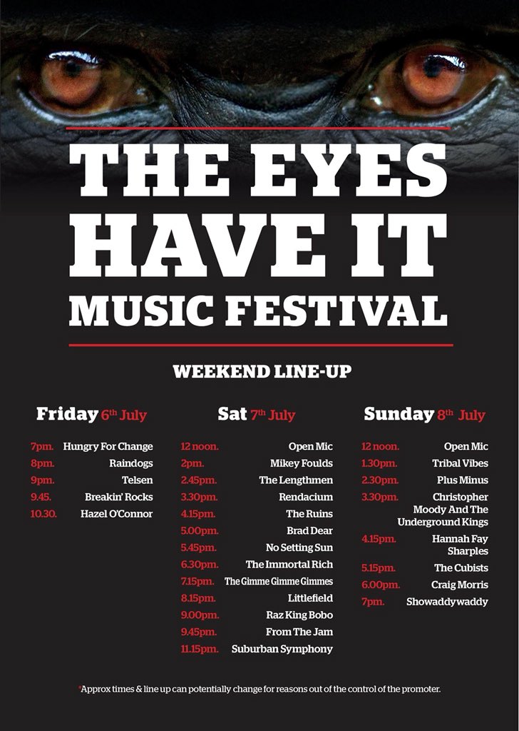 eyeshaveitfest's tweet photo. Day 2 of The Eyes Have Have it Festival

Here's the full running order

If you haven't got your tickets yet, now's the time to do it!

Book now at:  https://t.co/IZe32mCPpO

#musicfestival #derbyshire #derbylive #thejam #dcfc #Showaddywaddy #HazelOConnor https://t.co/knTGzs4ULF