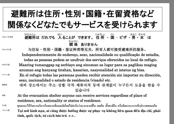iki_tanaka's tweet image. 避難所に日本語がわからない方はいませんか？栃木県国際交流協会が作成した避難所用の多言語表示シート。避難所生活に必要な50項目の掲示文が9言語に翻訳されています。無料ダウンロード

clair.or.jp/j/multiculture…