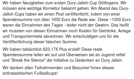 Eine wichtige Mitteilung bzgl. des Oury-Jalloh-Cups