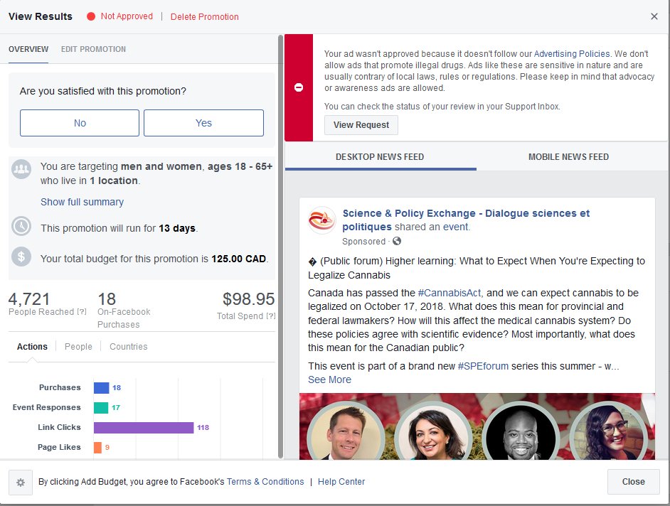 DSP_SPE's tweet photo. (1/2) After relentless efforts to promote our @CIHR_IRSC funded public forum to inform Canadians about #Cannabis legalization, @Facebook has, once more, blocked our advertisement. HOW CAN WE PROMOTE THIS PUBLIC EVENT ?
https://t.co/HvchhTsN27
👉👉👉@facebook #FixYourAI https://t.co/bQ69F1OyrL