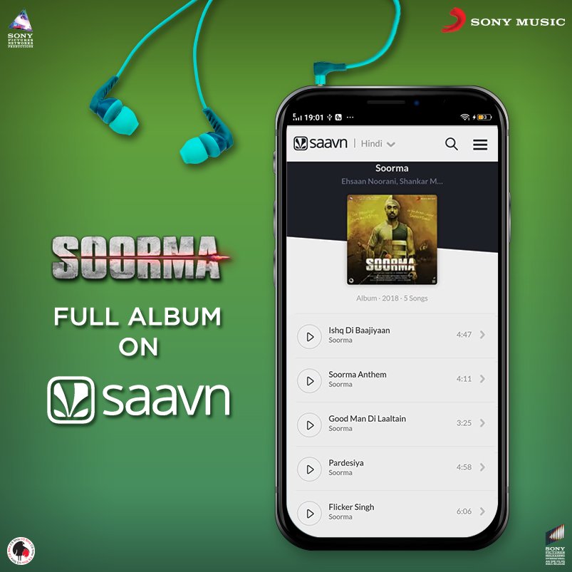 The right blend of emotions, a punch of inspiration and some soulful melodies is all you need for the weekend! Listen to the entire album of #Soorma on @Saavn right away!

@diljitdosanjh @taapsee @sonymusicindia @SunidhiChauhan5 @sukhimusic @ShankarEhsanLoy #DeepakSingh