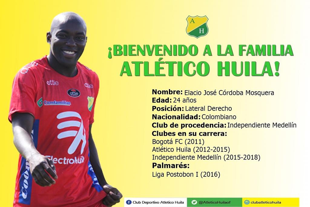 Elacio Córdoba regresa al Atlético Huila #Bienvenido 💛💚