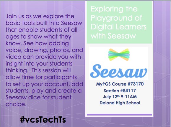 traceymikos's tweet image. 🔥😎 Beat the summer heat with a little technology training at #vcsTechTs this Thursday at @delandbulldogs.  We&apos;ve got an incredible @Seesaw session that has a few seats left.  Head over to MyPGS and register today! #vcsPLL #vcsDLTL @MalloryMussard