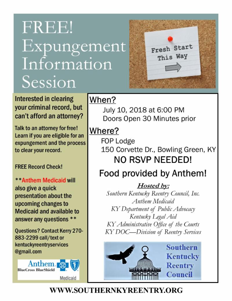 KyReentry's tweet image. SoKY Reentry Council -7/10/18- Bowling Green Expungement Information Session conta.cc/2u2Ft2X