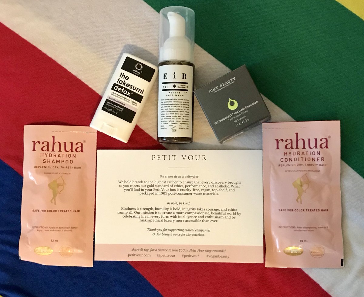 JulieBoBooly's tweet image. @PetitVour Got my order in! That was fast! Thanks for the free sample of @RahuaBeauty shampoo and conditioner. Can’t wait to use them all! @kaianaturals @JuiceBeauty @EiRNYC #veganbeauty #petitvour