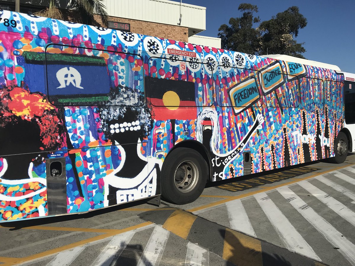 ChristineRoss6's tweet photo. Yay NAIDOC Week officially opens today. Check out this fabulous bus that will be cruising around Sydney picking up delegates for the National NAIDOC Aboriginal and Torres Strait Islander Woman’s Conference that opens this week in Sydney. Thanks NSW Transport #BecauseOfHerWeCan https://t.co/AdfIPs1J8D