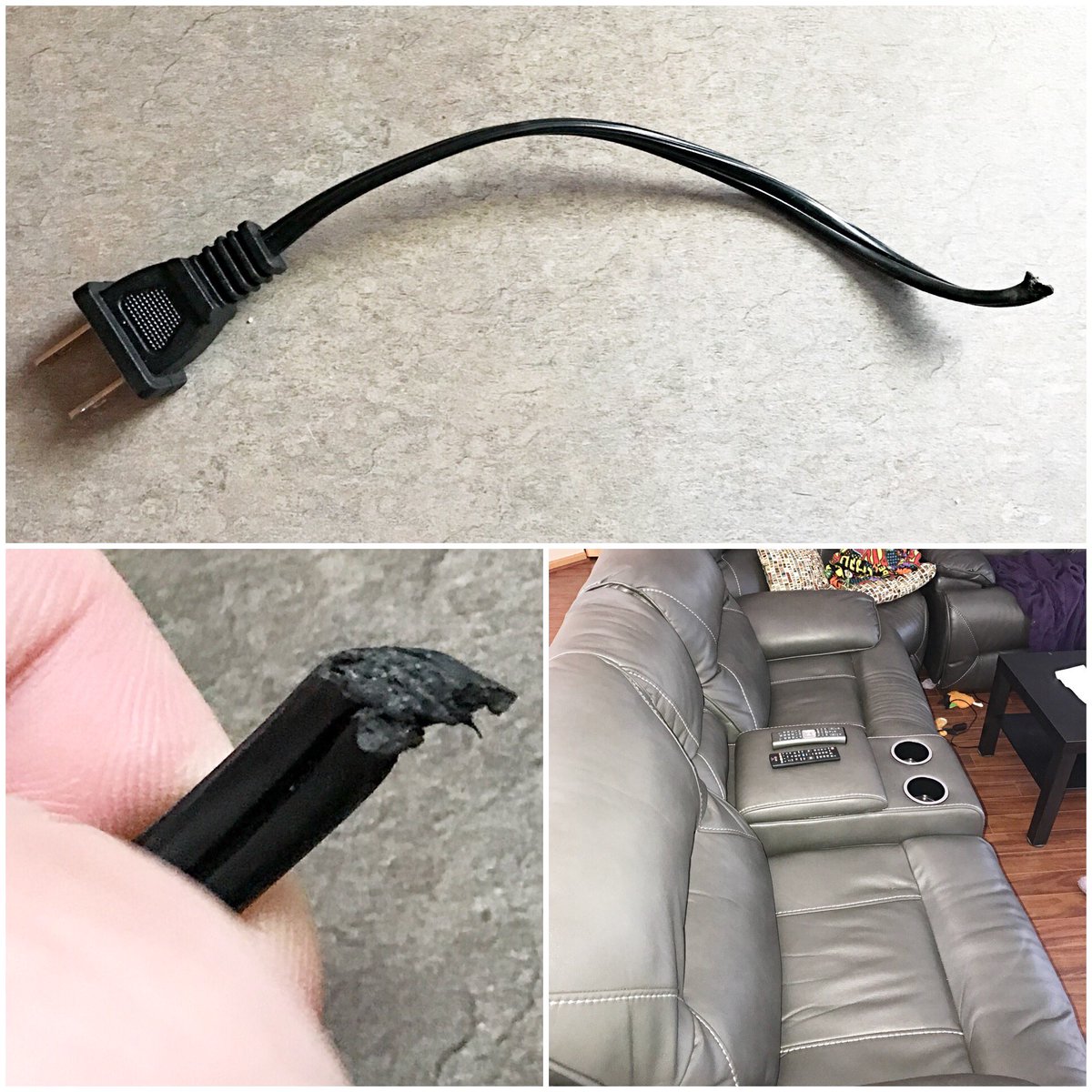 DavidVoxMullen's tweet photo. WARNING: If you own #TheAvenger power recliner from @theroomplace BEWARE! We got ours in Dec & a USB cable that plugged into it caught on fire. It burned a hole in the seat (they still haven’t fixed that). Now TODAY the recliner started SIZZLING & SMOKING. Now THIS! #KillerCouch https://t.co/RraIdSPW7O