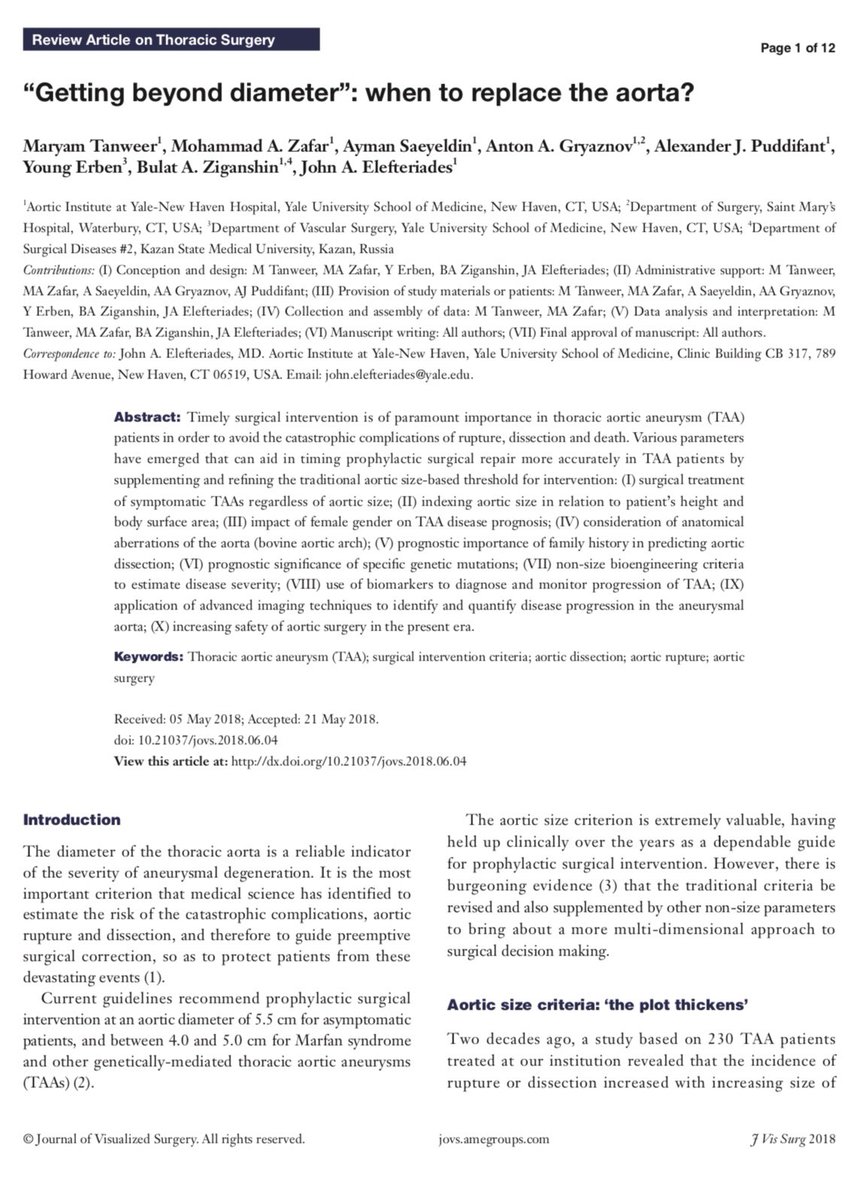 Review article from the Aortic Institute - ‘Getting beyond diameter: when to replace the aorta?’ jovs.amegroups.com/article/view/2… #aorta #aorticsurgery #thoracicaorticaneurysm