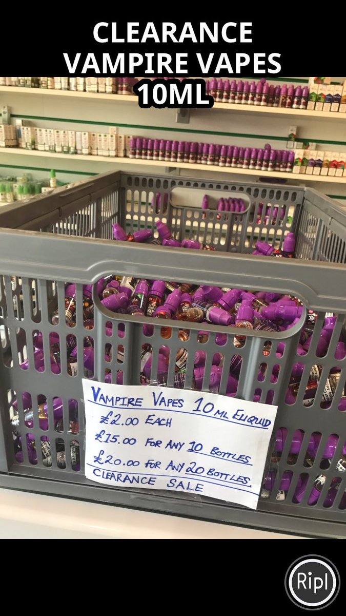 Sale now on Vampire Vapes 10ml bottles!! 

£15 for 10 bottles. 
£20 for 20 bottles,
OR 
£2 EACH

#vapeclearance #vapesale #vape #vampirevapes via ripl.com