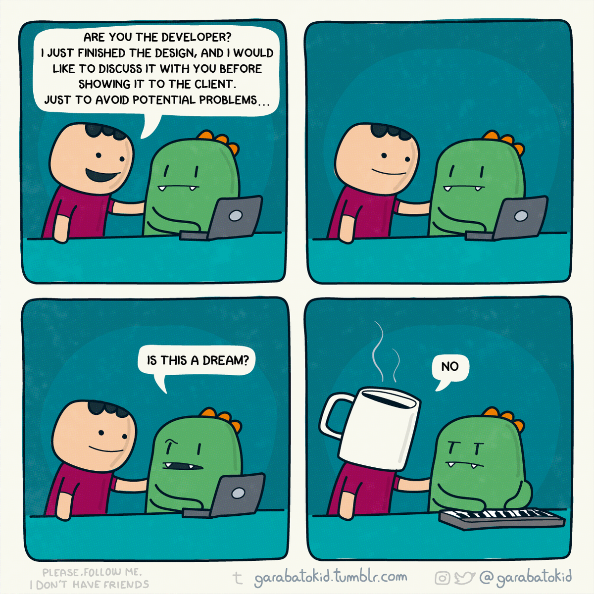 garabatokid's tweet image. Avoid potential problems!

More comics: garabatokid.tumblr.com

#webcomic #webdesign #design #funny