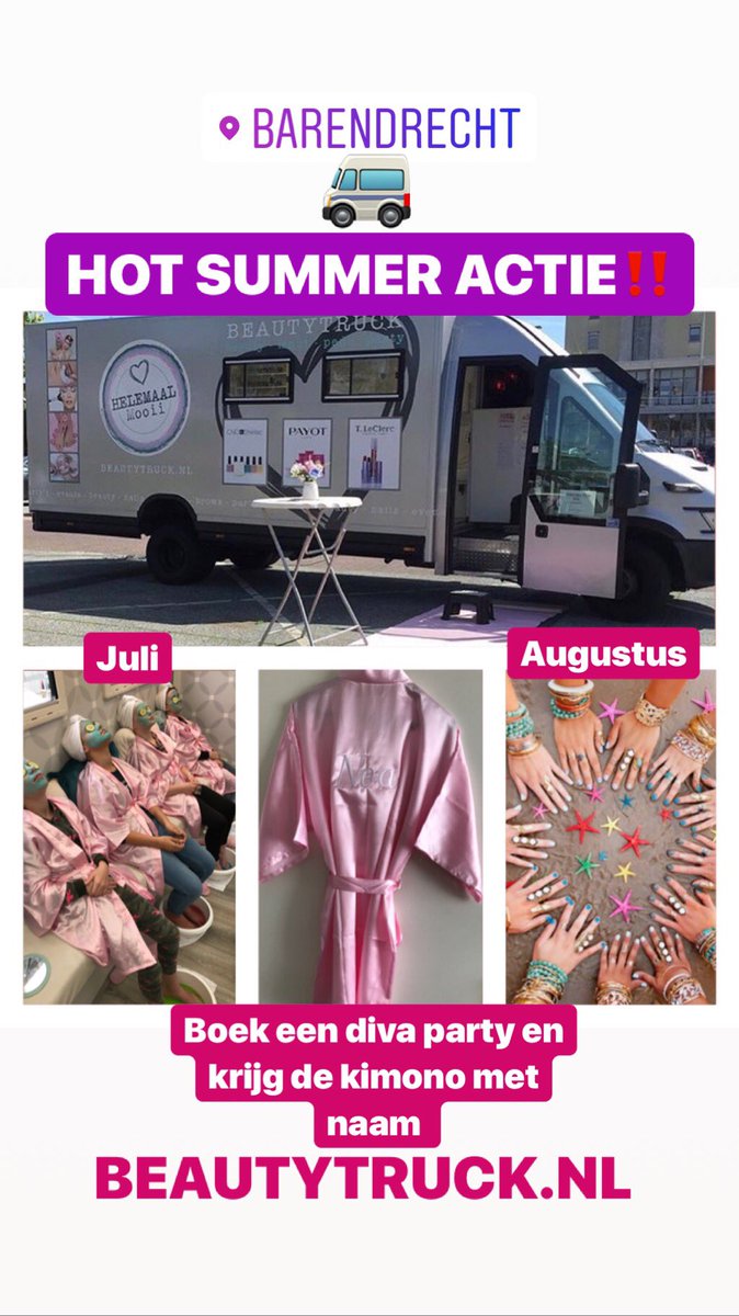 HOT SUMMER ACTIE ‼️|De Vakantie duurt lang...de BEAUTYTRUCK biedt de uitkomst.
Boek nu een Diva party en uw Diva ontvangt een kimono met naam 🎁.
(Alleen geldig voor nieuwe boekingen in Juli en Augustus!)
Voor meer info,mail naar info@beautytruck.nl
#beautytruckhelemaalmooii