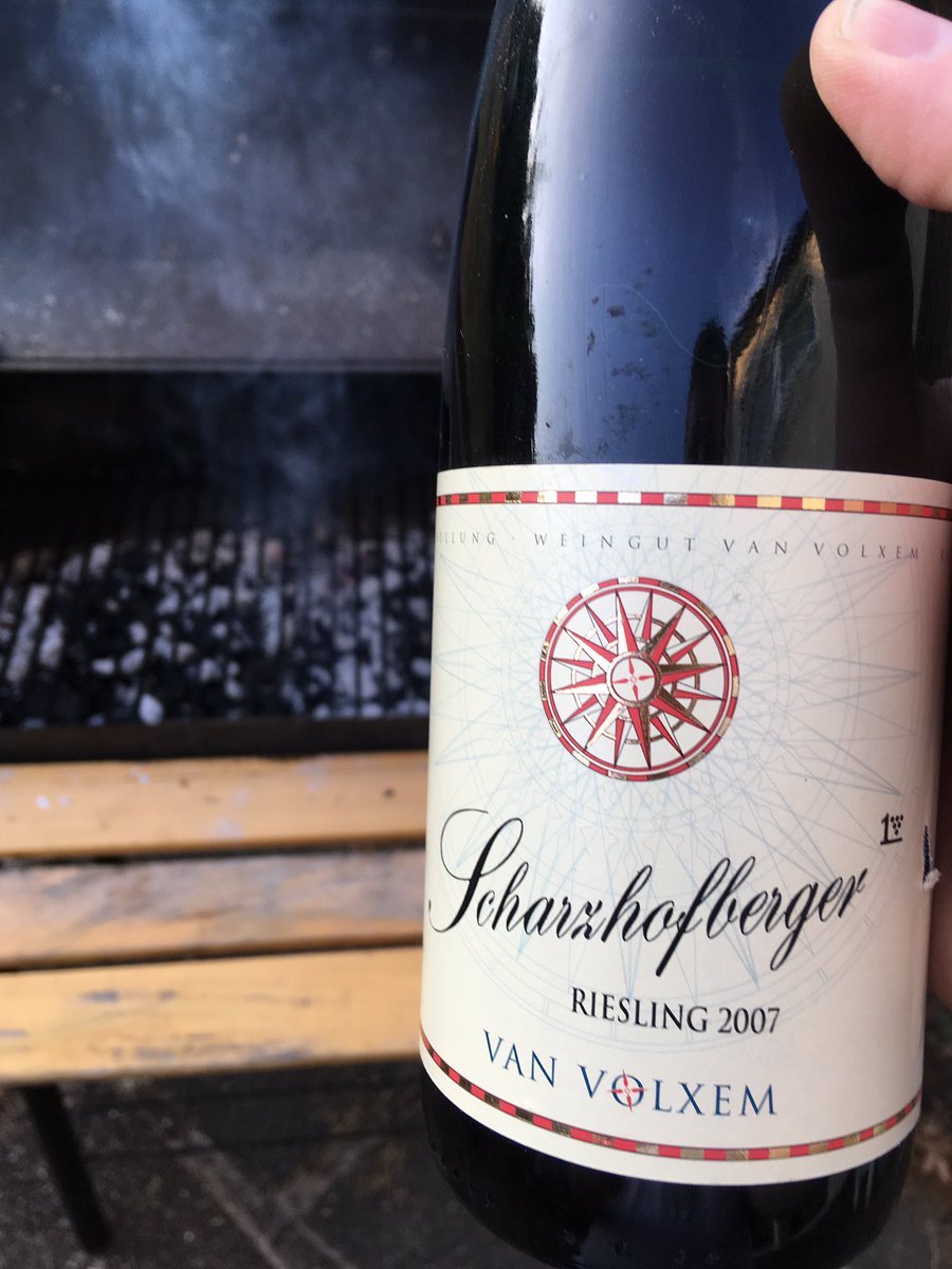 A barbecue, king prawns marinating and this scrumptious bottle of 2007 #VanVolxem #Riesling It has been a good day!