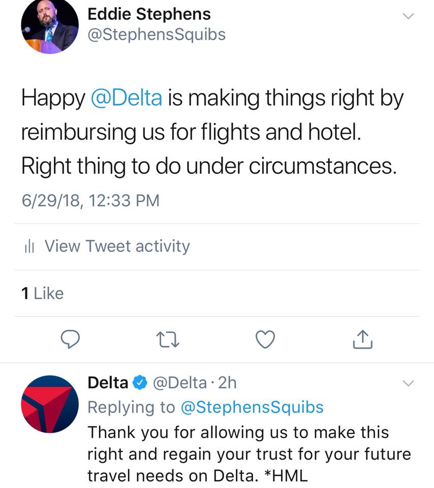 Eddie_Stephens_'s tweet photo. Not only is @Delta incompetent, they don't tell the truth.  After telling us they would refund our flights. they reneged on their word (see exhibit A) attached.   R/T if you #HateDelta https://t.co/OAeV1y4DGb