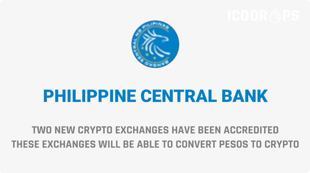 ICODrops's tweet photo. Two new crypto exchanges have been accredited by the Philippine central bank. These exchanges will be able to convert pesos to cryptocurrencies. Details: https://t.co/jffzMsS8BT https://t.co/EUfsUo9QjJ