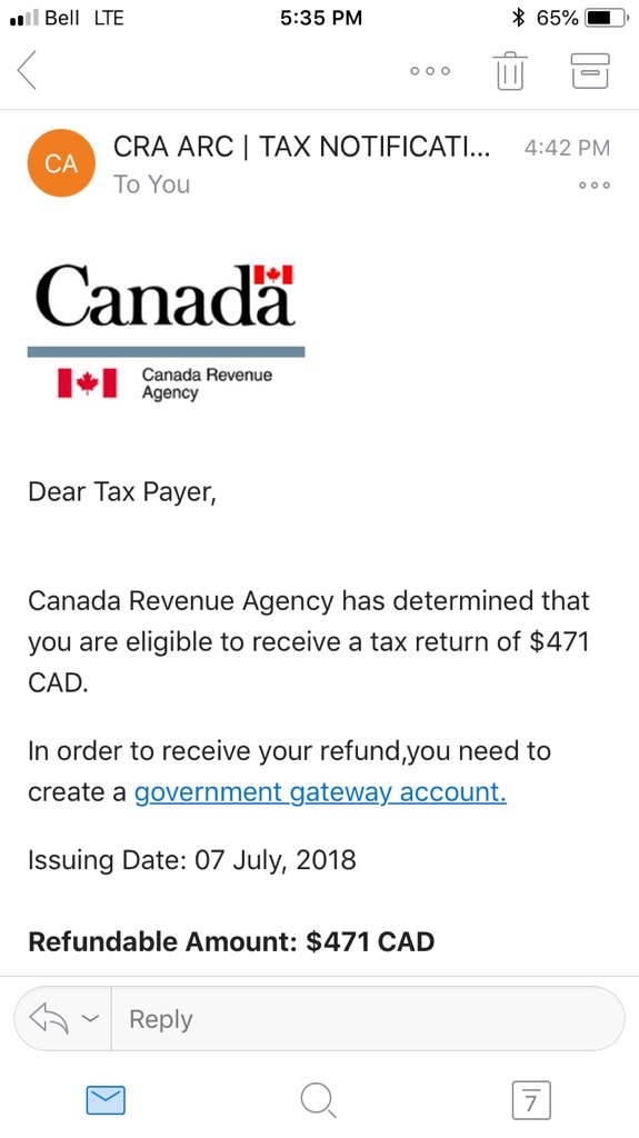 GlazierCPA's tweet photo. #scamalert if you see garbage like the attached it is a scam, CRA won't communicate directly via email and won't ask you for direct payments or "government gateways". Also beware fake threatening phone calls claiming police are on the way. https://t.co/TqqmwUgRuZ