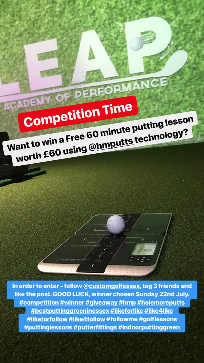 CustomGolfEssex's tweet image. GIVE AWAY ALERT. We are giving away to a lucky winner a FREE 60 minute putting lesson worth £60 using the @hmputts technology on our superb indoor putting surface.
In order to enter, please follow us and retweet. Good luck, Winner will be chosen on Sunday 22nd July.