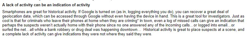 spyblog's tweet image. #OPSEC sometimes it is the *lack* of expected #CommsData #MetaData which is of interest to a mobile phone #forensics analyst. Consider automated scripts or VPN access when leaving your #SmartPhone at home as a cover or alibi when you are elsewhere brettshavers.cc/index.php/bret…