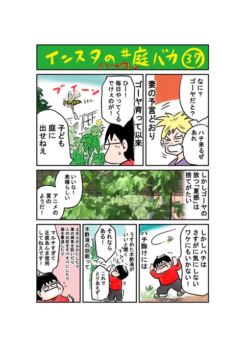 おはようございます。インスタ庭マンガ「ゴーヤ・ハチ・木酢液」#庭バカ #ゴーヤ #アシナガバチ #木酢液 