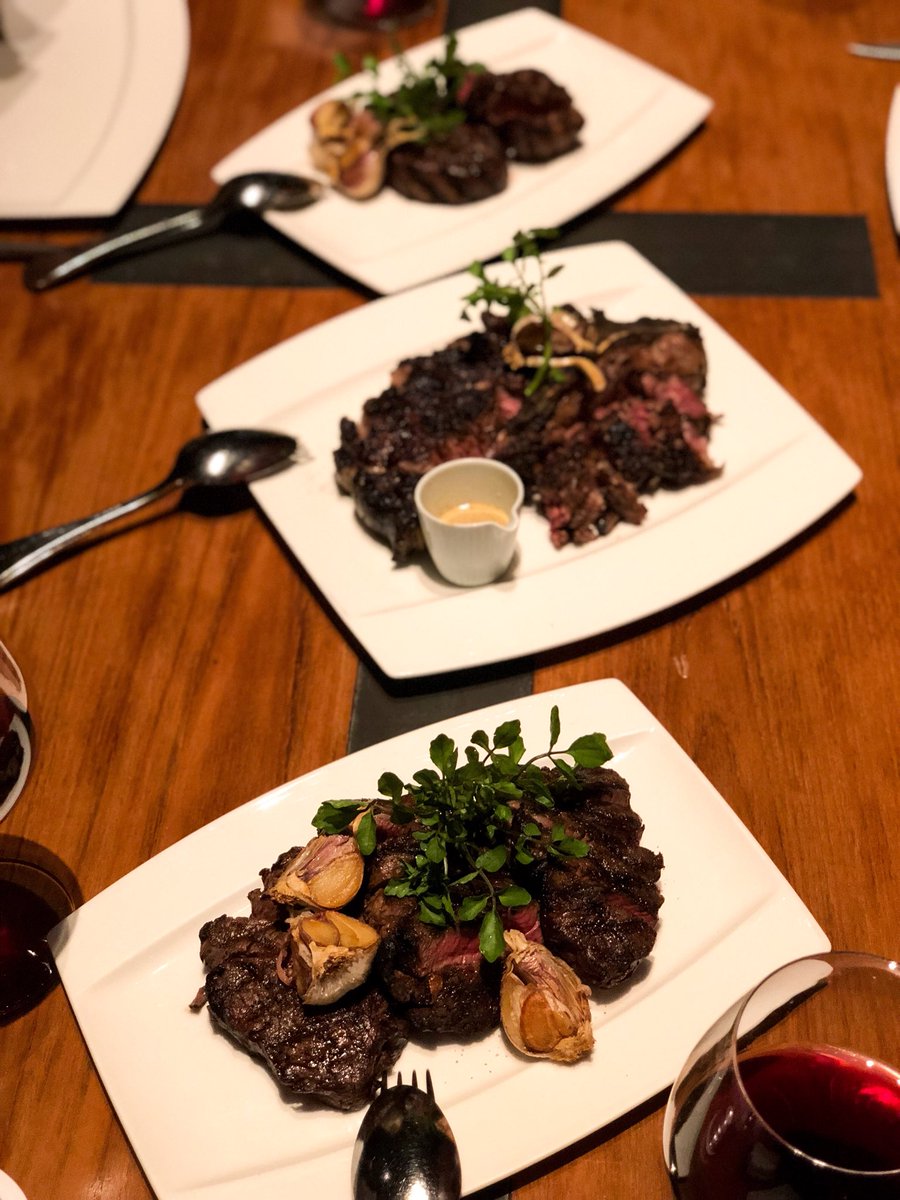 RussMcF's tweet photo. Great dinner at #rubyjacks. Ordered three kinds of steaks 🥩. The winner was #wagyu #fillet, then #Lbone, and the Aussie fillet which was as still excellent. The #Vosneromanee by #domainedanielrion was amazing. @AustWineTasting @winewankers #burgundy https://t.co/6UbdC997sH