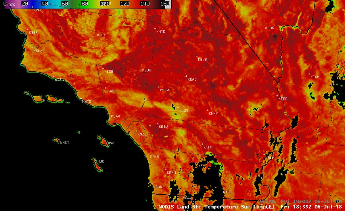 CIMSS_Satellite's tweet photo. @NWSSanDiego MODIS Land Surface Temperature values were in the 140-150ºF range in the Riverside area https://t.co/218wOE49sX https://t.co/z7KRTGzr1k