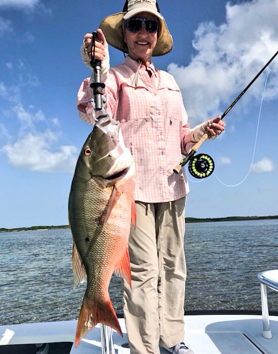 My 5 1/2-pound Bonefish. One of five I caught, while Barbara caught two. But she stole the day with this 13-pound Mutton Snapper caught on a Bill’s Crab fly! Another great day of being outfished by my wife! 😢😢😢