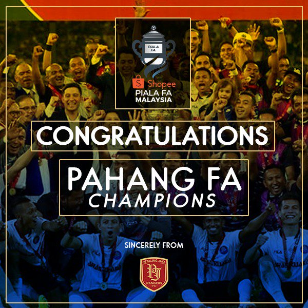 PJRangers's tweet photo. TAHNIAH PAHANG FA
Sekalung tahniah diucapkan kepada pasukan Pahang FA kerana muncul juara Shopee Piala FA 2018.
Ikhlas daripada:PJ Rangers
#DareToDream
#OneAirAsia
#PJRangers https://t.co/MuPQCSmXH5