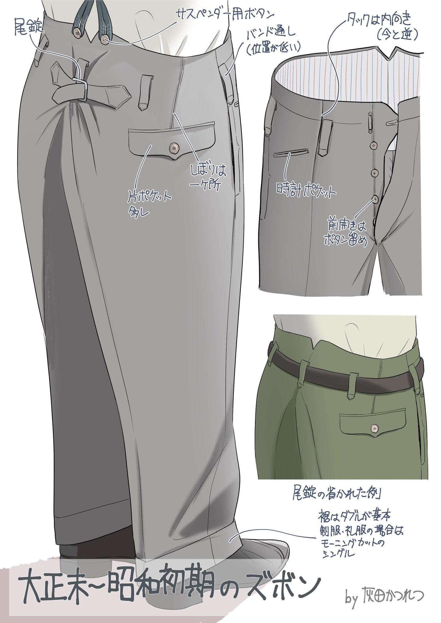 灰田かつれつ 大正の終わりから昭和の初めくらいまでの日本で一般的だったのはこういう形のズボンで 今のそれとは似て非なるもの 不思議なことに例外はあんまり見かけない ベルトループが端っこにつかないのがミソで この傾向は昭和中期ごろまでつづく 灰田かつれつ 大正の終わりから昭和の初めくらいまでの日本で一般的だったのはこういう形のズボンで 今のそれとは似て非なるもの 不思議なことに例外はあんまり見かけない ベルトループが端っこにつかないのがミソで この傾向は昭和中期ごろまでつづく