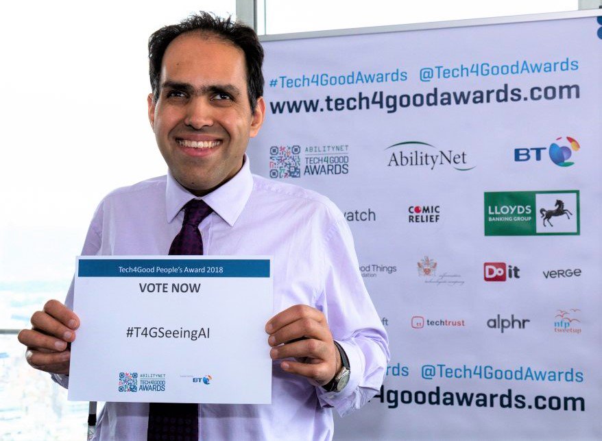 Honoured to be a finalist in the <a href="/AbilityNet/">AbilityNet</a> #TechForGoodAwards. Seeing AI is also up for the people's choice - if you like the project, please retweet! #T4GSeeingAI