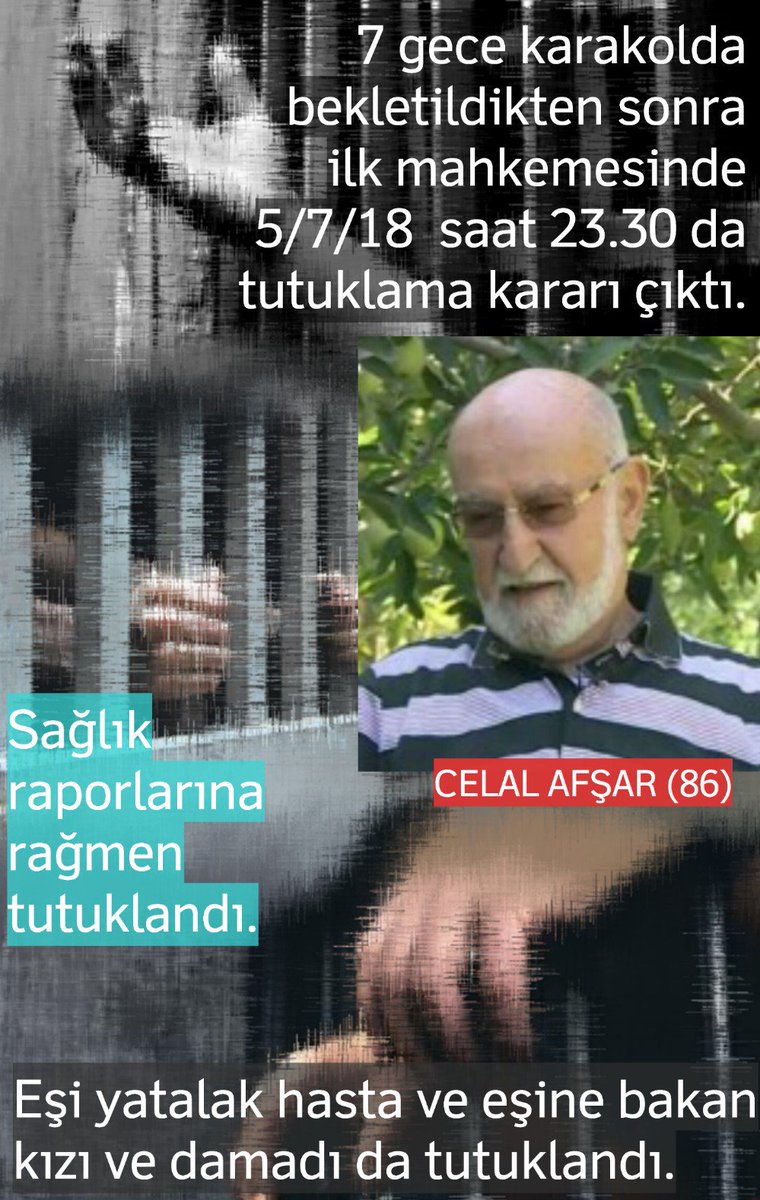 TutukluHastalar's tweet photo. CELAL AFŞAR(86)/NİĞDE

🔴Şeker
🔴Kolestrol
🔴Yüksek tansiyon
🔴Görme kaybı ve İşitme kaybı
🔴Vertigosu olmasına rağmen tahliye edilmiyor 

Yetkililere Sesleniyoruz !
#86YaşındakiCelalAfşarTahliyeEdilsin
@AdaletBakanligi @NigdeValiligi https://t.co/lzMiy5noXP