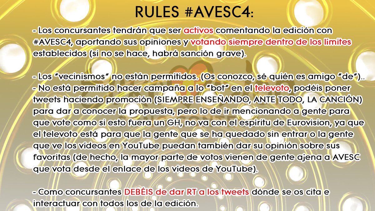 averageviewer's tweet photo. #AVESC4 | REGLAS
Este año se va a ser muy severo con el tema de las reglas. En #AVESC3 se sucedieron continuos incumplimientos (gente pasando de VOTAR, de dar RT, trampas y más cosas). La continuidad del concurso en un futuro dependerá de vuestra participación, así que ya sabéis. https://t.co/OHXBTfT6sP
