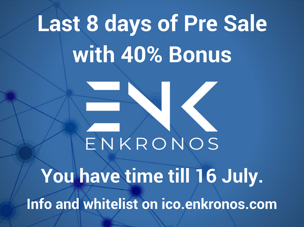 enkronos's tweet photo. ** Enkronos ICO: Last 8 days of Pre Sale with 40% Bonus **

You have time till 16 July.
Info and whitelist on https://t.co/0puzxUazPb

1 ETH = 555 ENK (= 40% bonus)

Hard Cap 50.000 ETH
Min: 10 ETH – Max: 5.000 ETH

#AI #AR #IoT #blockchain #ICO #TGE #ENKronos #tokens #TokenSale https://t.co/KLCtNtgzdI
