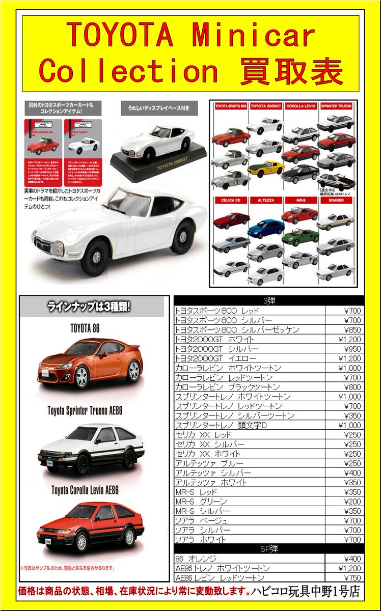 ট ইট র 旧 ハビコロ玩具 中野 買取情報 京商 買取表 Toyota Minicar Collection 是非 お持ち下さい ミニカー強化買取中 ミニカー ハビコロ玩具 中野ブロードウェイ