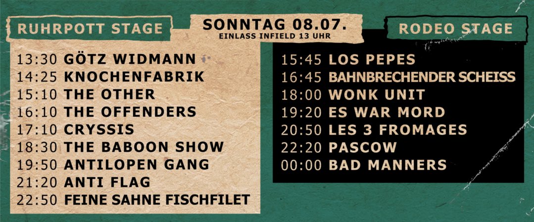 Noch fit fürs große Finale? Kommt rum, wenn u.a. <a href="/anti_flag/">VES</a>, <a href="/feinesahne/">Feine Sahne Fischfilet</a> und die <a href="/antilopengang/">Antilopen Gang</a> die Wiese heute abreißen 🎉🎉 #rpr2018