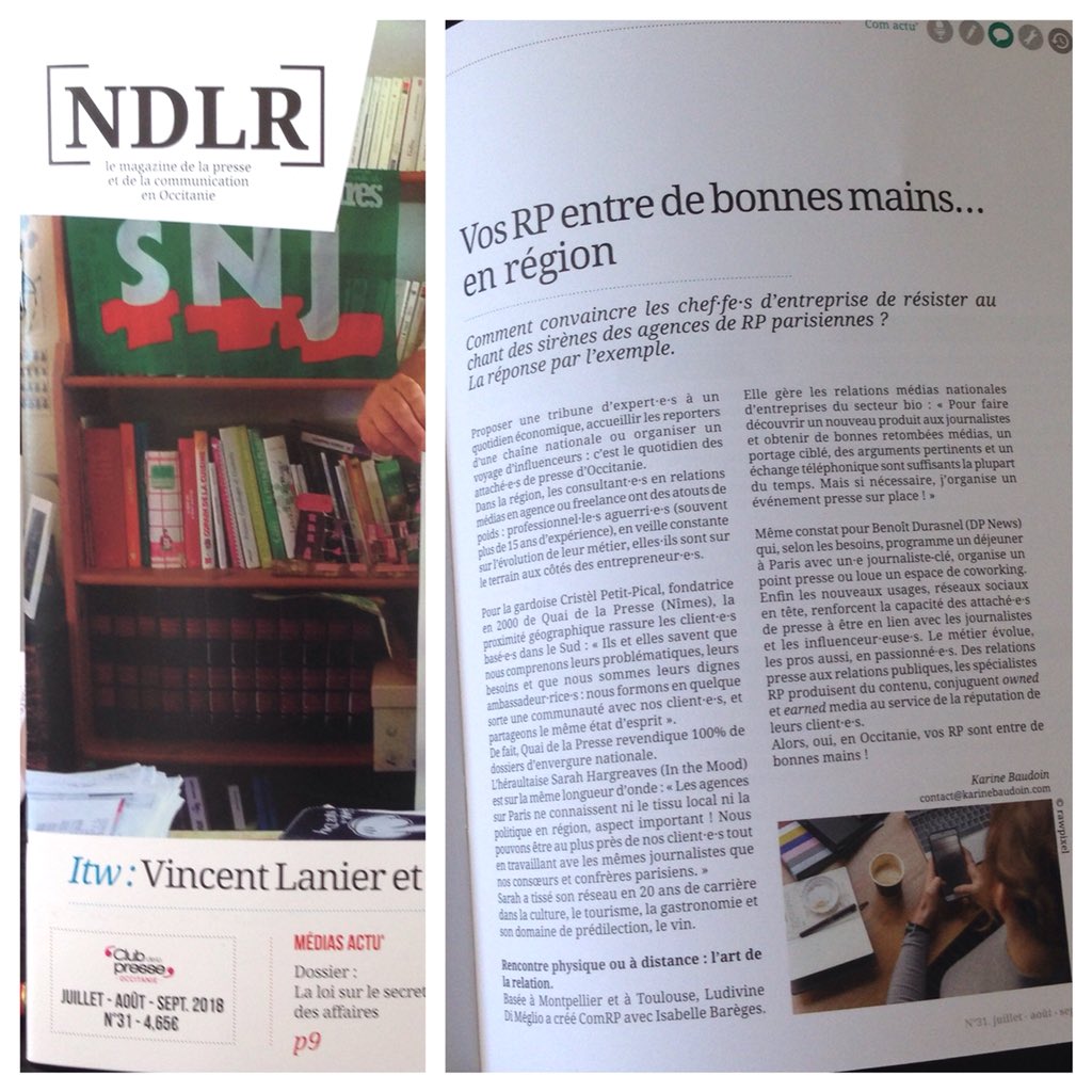 karinebaudoin's tweet photo. Dans le mag du @clubdelapresse [NDLR], je rappelle l’expérience et l’expertise des pros des #RP d’#Occitanie, en agence ou freelance, pour les actions nationales de relations presse et influence de leurs clients - Témoignages représentatifs, non exhaustifs ! 😉 https://t.co/6uaiCkB9Pw