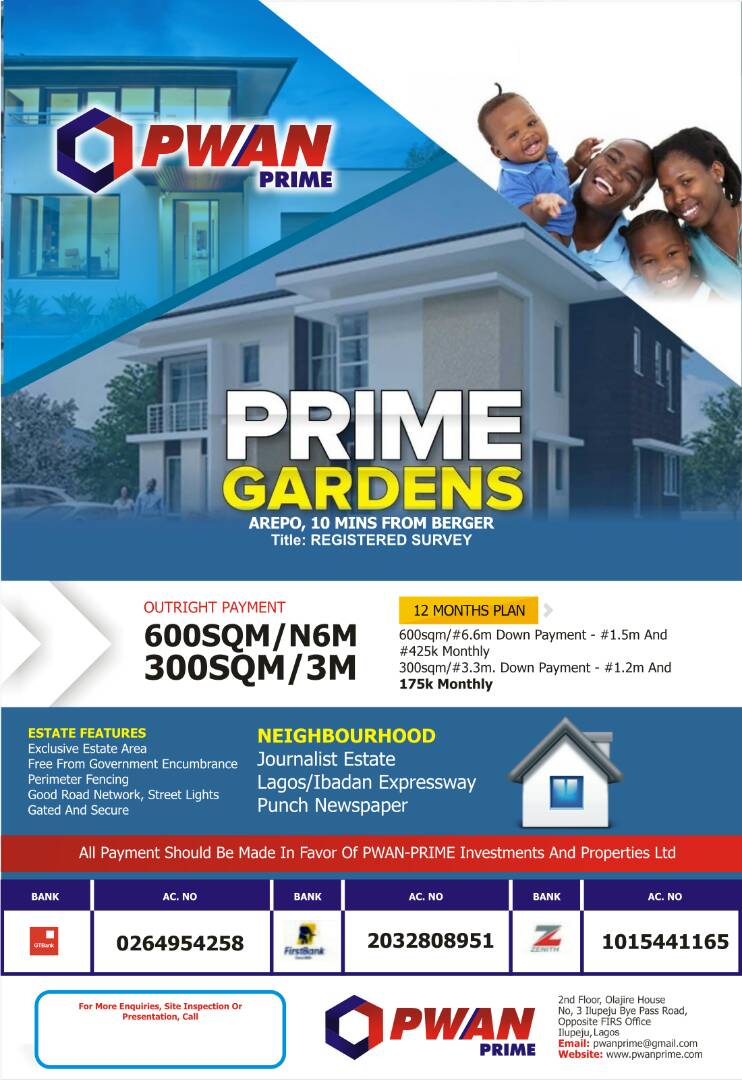 jblessing_2000's tweet image. Prime gardens is located in the lovely  Arepo town,  10 mins from Berger after the long bridge, neighbors with prestigious estates, it&apos;s selling for just 6million naira per 600sqm. Call 08037475686 for more information and site inspection.
