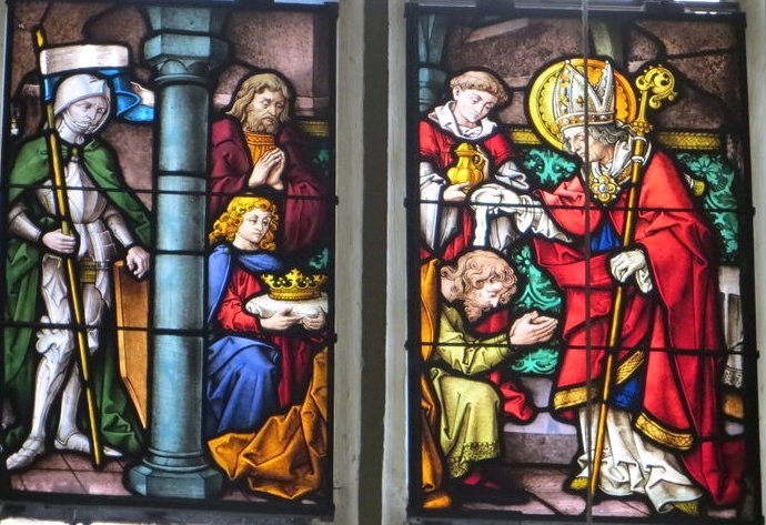 Irish St Kilian, Colmán & Totnan converted Duke Gozbert with a large part of his subjects in modern day  #Bavaria, to Christianity. Stained glass window shows him baptising Duke Gozbert.  #Würzburg  #Franconia  #Thuringia
